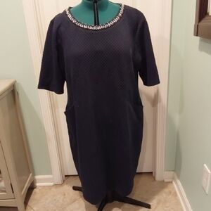Chicwe. Navy Dress Sparkle Neckline With Front Pockets. Plus Size 24.